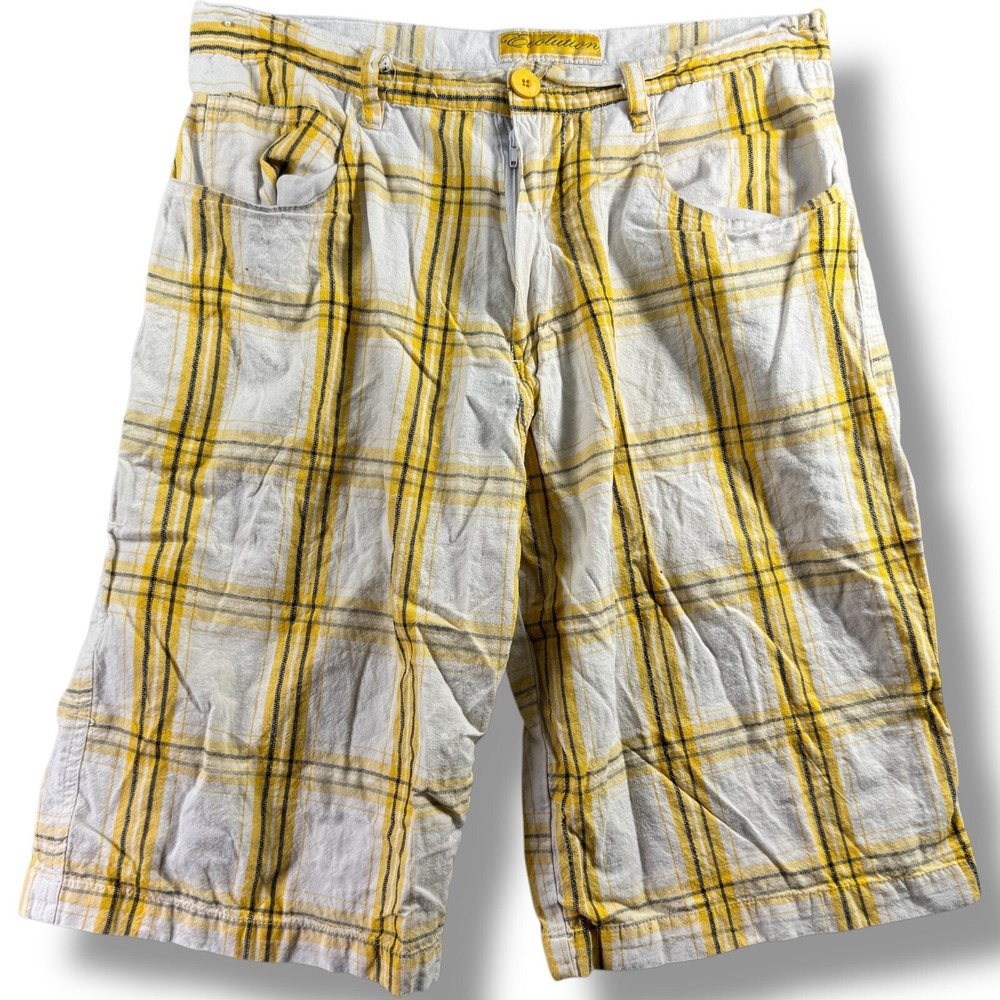 Evolution In Design Mens Yellow Plaid Cotton Bermuda Shorts Size 36